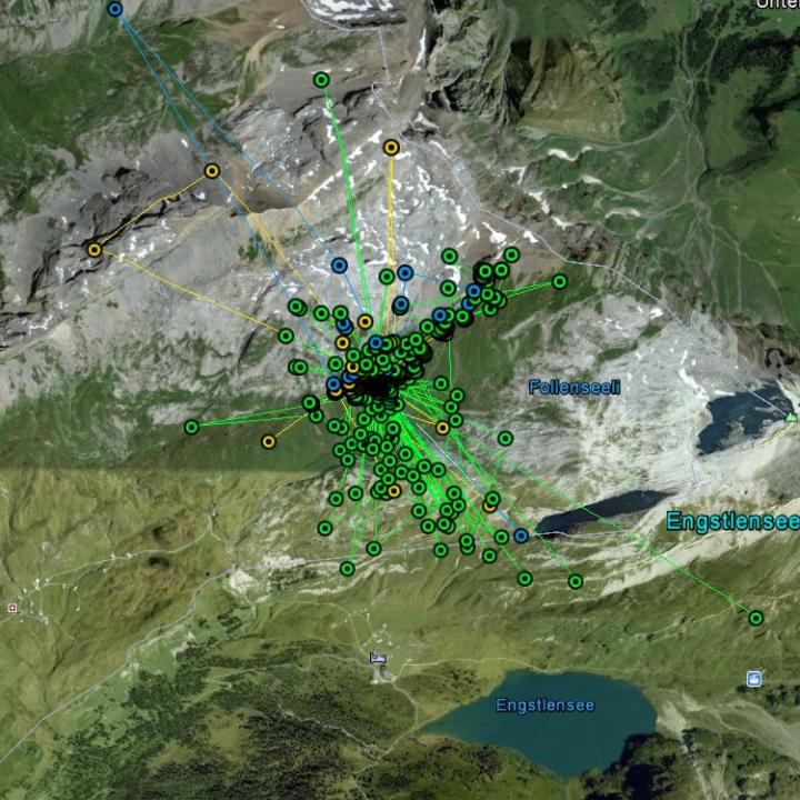  In Blau sind die Positionen von Trudi, in Gelb die von Sempach II und in Grün diejenigen von BG838 gezeigt